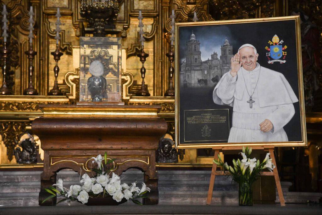 A portrait of Pope Francis inside Mexico's City's cathedral